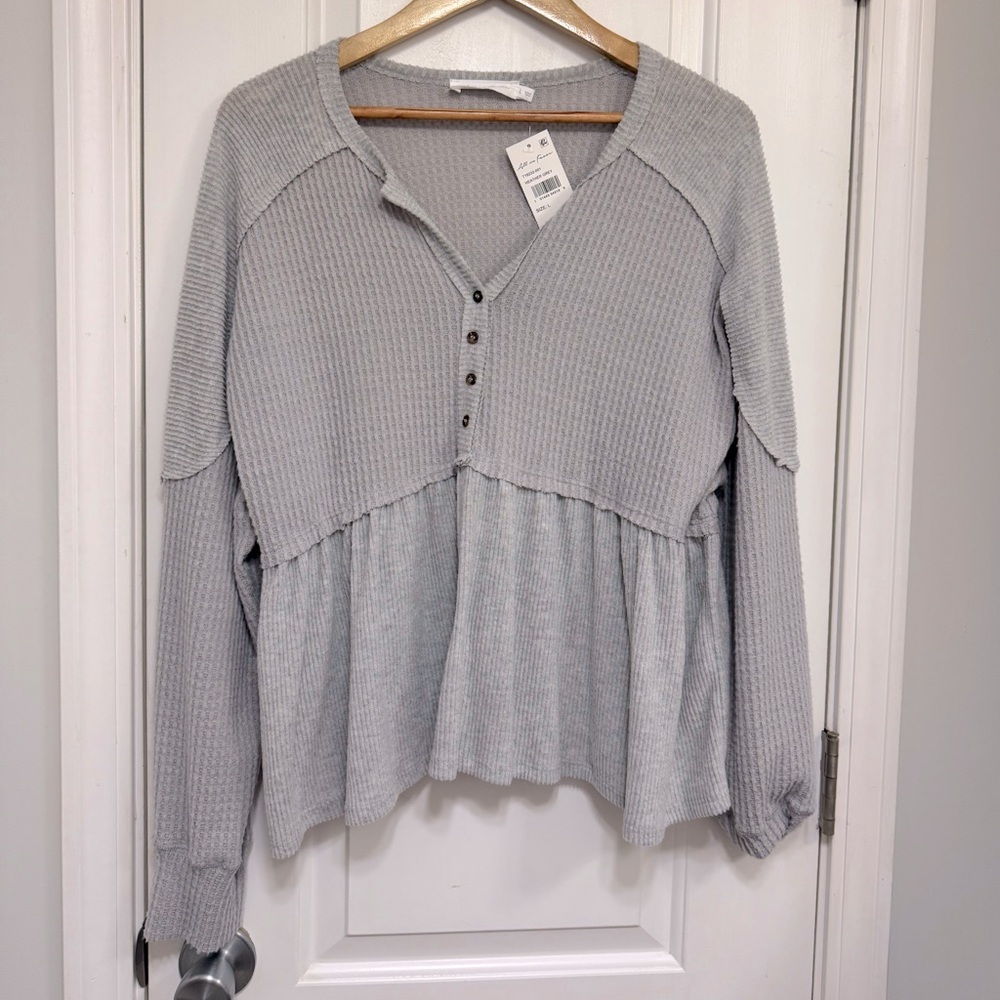 All in Favor Light Gray Waffle Knit Peplum Henley Top